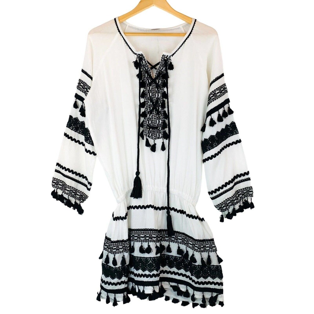 NWT Dodo Bar Or Mini Dress. Gauze. Embroidery, Fringe Tassels. Loose Fit. Medium